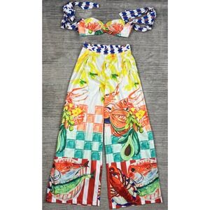 SHEIN 2 Piece Set Womens S Multicolor Seafood Print Wide Leg Pants Bralette Top